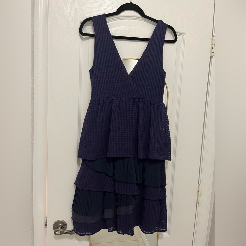 Anthropologie Ric Rac Tonal Gingham Dress Pleated Puckered Navy Tiered Ruffled S
